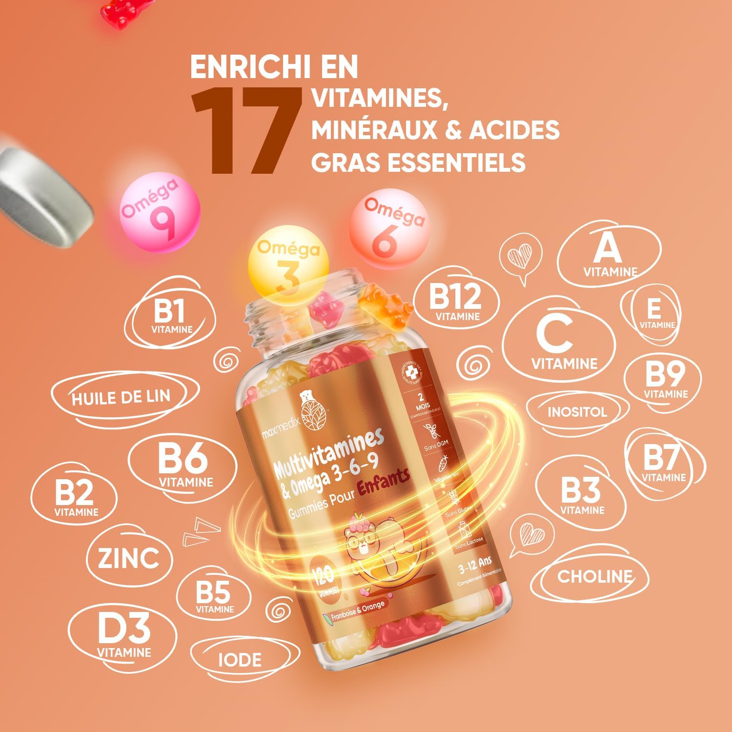 Multivitamins and Minerals with Omega 3 6 9, 120 Gummies for Children from 3 Years, With 17 Nutrients Vitamin C, D, B12, B6, A and Zinc, For Immunity, Growth and Bone EFSA, Raspberry and Orange Taste - Image 4