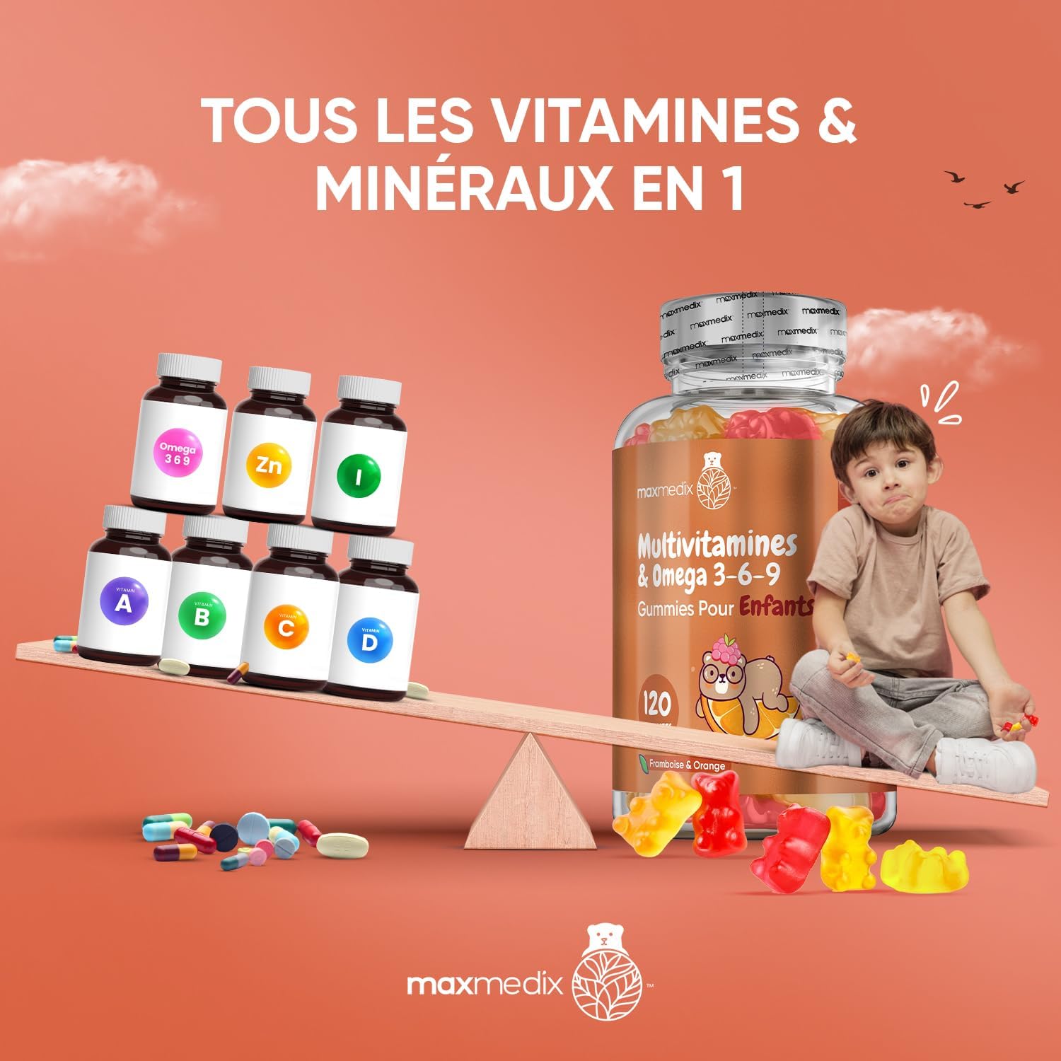 Multivitamins and Minerals with Omega 3 6 9, 120 Gummies for Children from 3 Years, With 17 Nutrients Vitamin C, D, B12, B6, A and Zinc, For Immunity, Growth and Bone EFSA, Raspberry and Orange Taste - Image 5