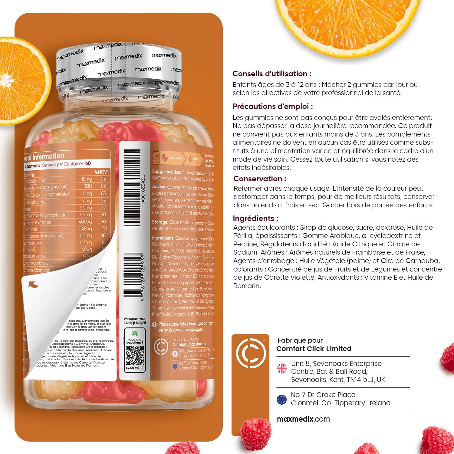 Multivitamins and Minerals with Omega 3 6 9, 120 Gummies for Children from 3 Years, With 17 Nutrients Vitamin C, D, B12, B6, A and Zinc, For Immunity, Growth and Bone EFSA, Raspberry and Orange Taste - Image 7