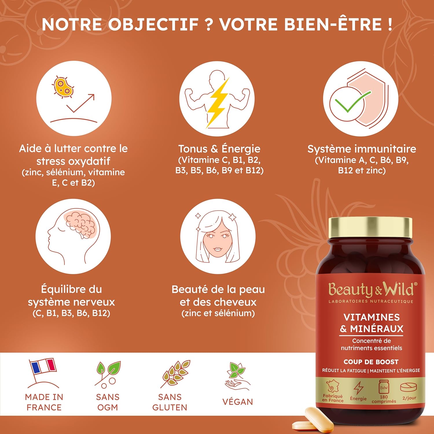 Multivitamins and Minerals | Zinc, Magnesium, Selenium, Vitamin C, A, E | Anti-Fatigue, Energy, Vitality | Hair and Nails | Made in France | 180 Tablets | Beauty & WILD - Image 3