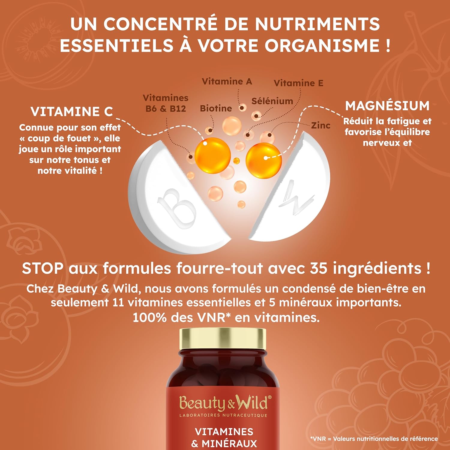 Multivitamins and Minerals | Zinc, Magnesium, Selenium, Vitamin C, A, E | Anti-Fatigue, Energy, Vitality | Hair and Nails | Made in France | 180 Tablets | Beauty & WILD - Image 4