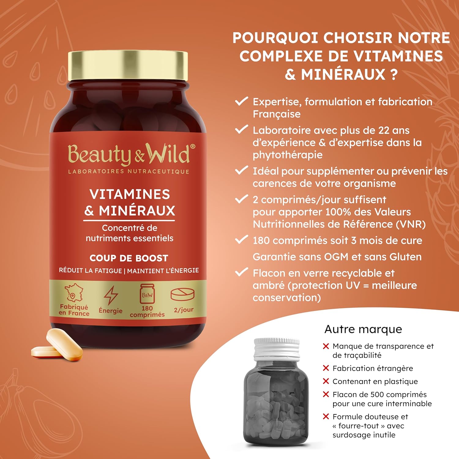 Multivitamins and Minerals | Zinc, Magnesium, Selenium, Vitamin C, A, E | Anti-Fatigue, Energy, Vitality | Hair and Nails | Made in France | 180 Tablets | Beauty & WILD - Image 5