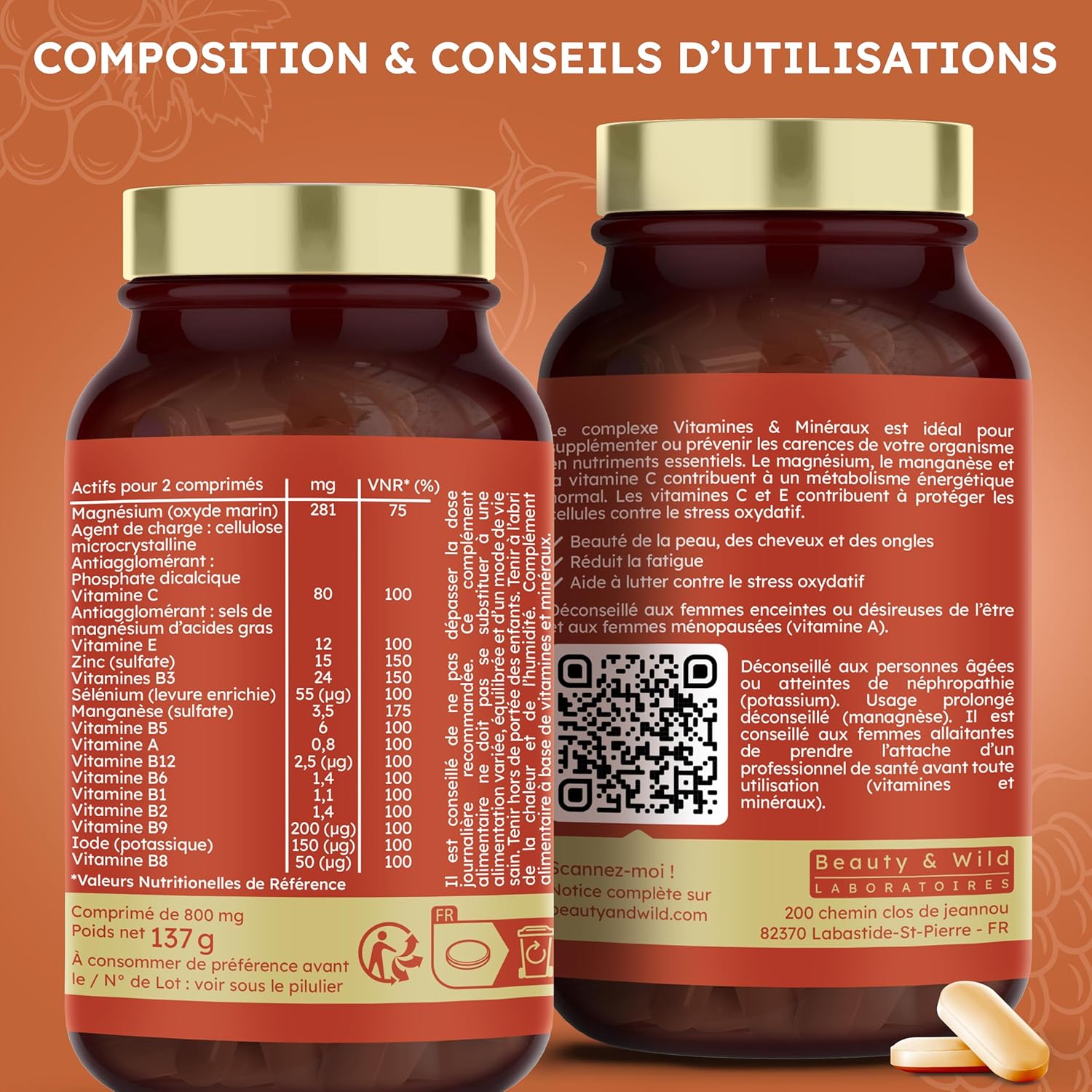 Multivitamins and Minerals | Zinc, Magnesium, Selenium, Vitamin C, A, E | Anti-Fatigue, Energy, Vitality | Hair and Nails | Made in France | 180 Tablets | Beauty & WILD - Image 8