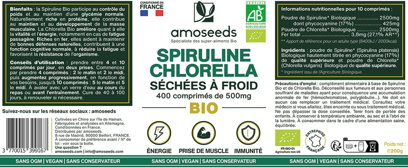 Spirulina & Chlorella BIO | 400 Vegan Tablets of 500mg | 4500mg per day | 17% Phycocyanin, Cold Dried | Detox, Anti-fatigue, Antioxidant | Top Quality - Image 7