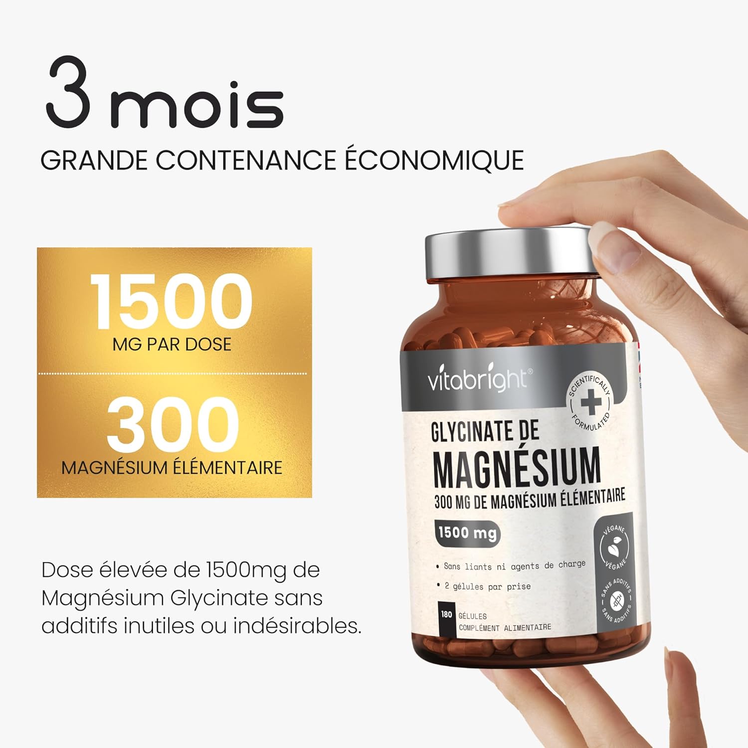 VitaBright Magnesium Bisglycinate Bio 1500mg - 300mg Elemental Magnesium Per Serving - 180 Vegetable Capsules for 3 Months - No Additives. - Image 6