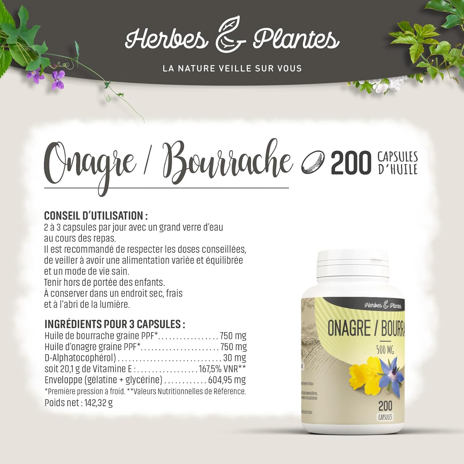 Herbes Et Plantes Evening Primrose, Borage 200 Capsules 500 mg - Packaging May Vary - Image 9