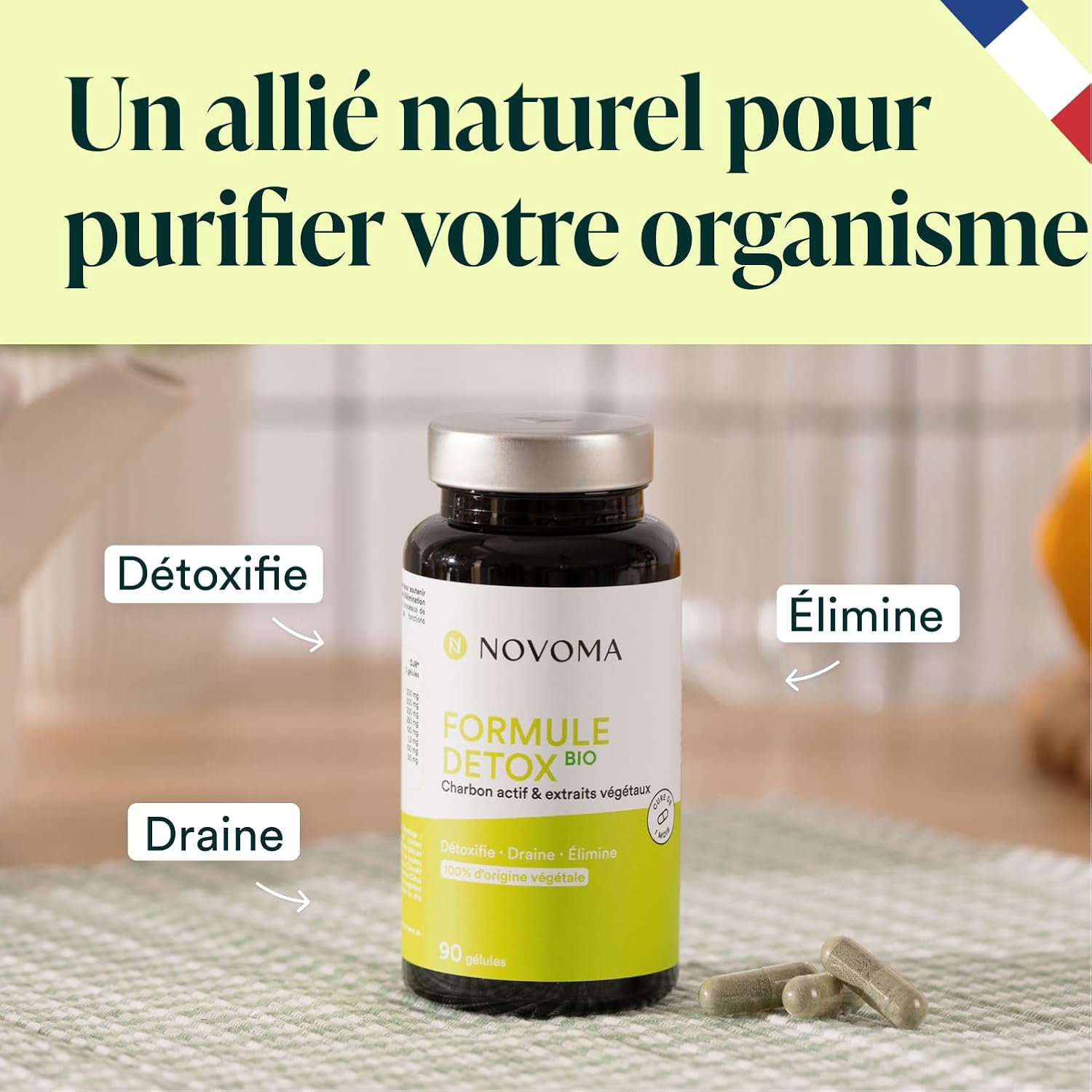 NOVOMA Organic Detox Formula, Liver Purification & Digestion, With Activated Carbon, Milk Thistle, Chlorella & Ginger, 1 Month Cure, 90 Capsules, Vegan, Made in France - Image 3