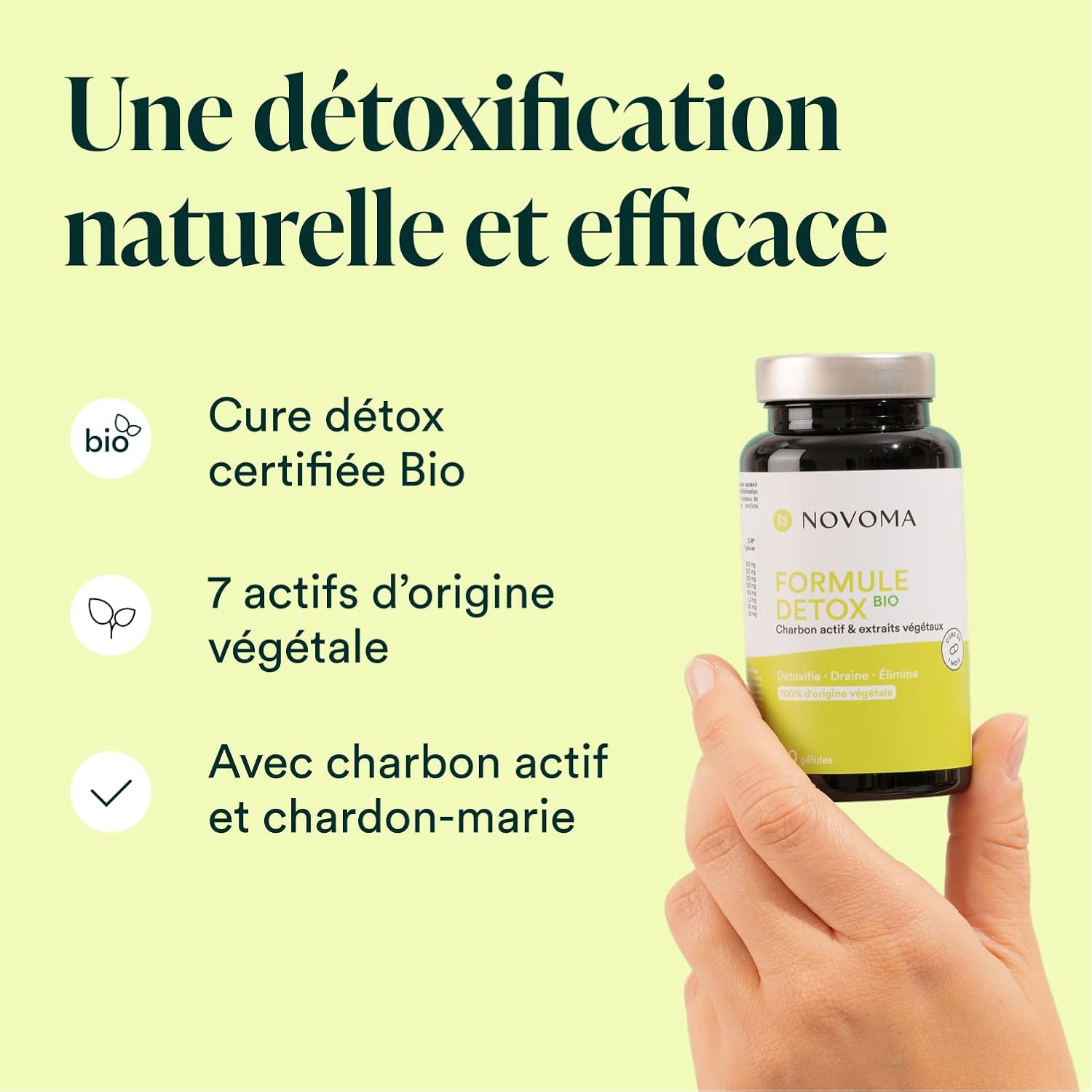 NOVOMA Organic Detox Formula, Liver Purification & Digestion, With Activated Carbon, Milk Thistle, Chlorella & Ginger, 1 Month Cure, 90 Capsules, Vegan, Made in France - Image 4