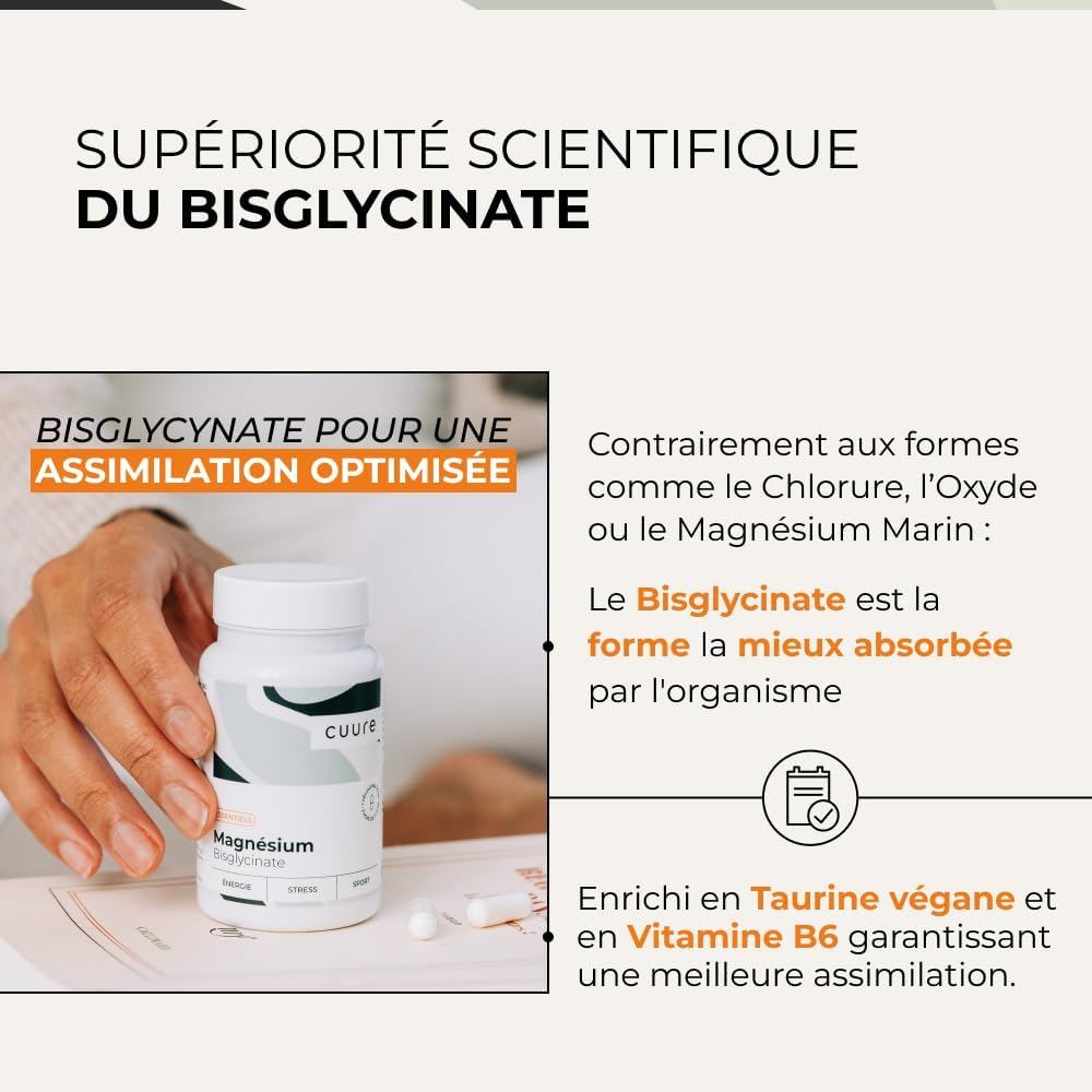 Magnesium Bisglycinate + Vitamin B6 & Taurine - Cuure - Superior to Marine Magnesium in Bioavailability - Digestive Comfort - 60 Days - Fatigue & Stress - Made in France - Image 4