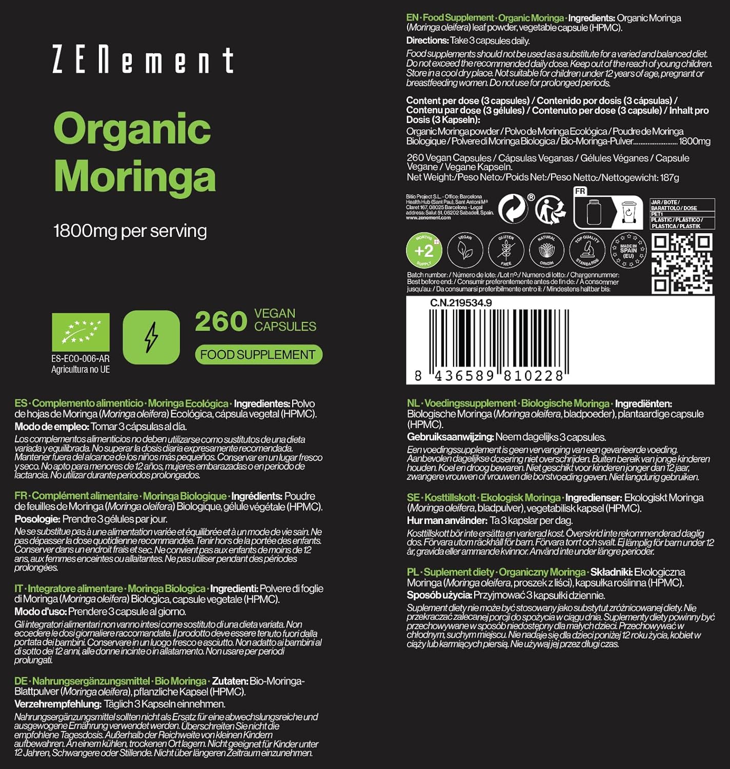 Moringa Organic 1800 mg per Dose - Organic Superfood with Vitamins, Minerals and Antioxidants - High Concentration and Purity - 260 Vegan Capsules - 3 Months Cure Zenement - Image 5