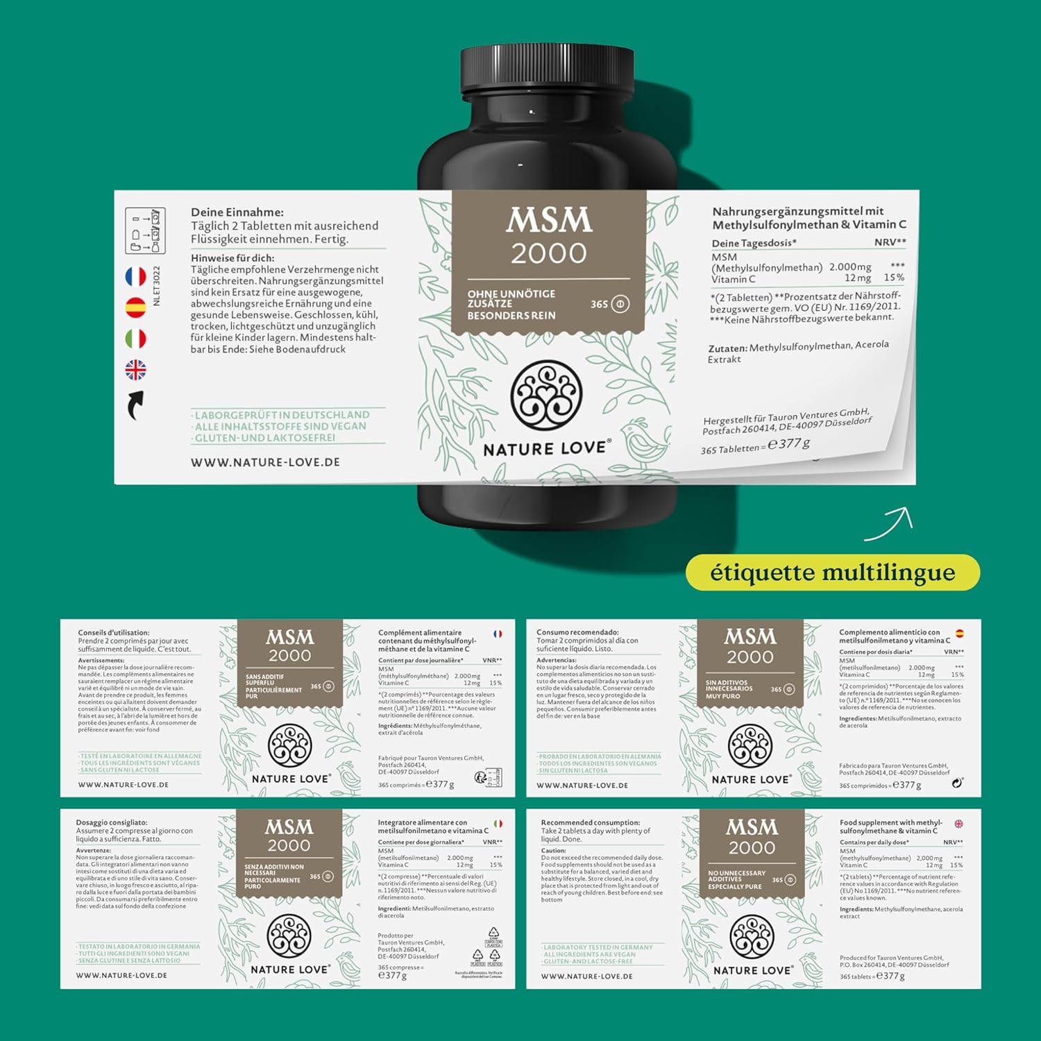 NATURE LOVE® MSM 2000mg with Vitamin C - 365 laboratory-tested tablets - MSM powder more compact than with capsules - without additives, highly dosed, vegan, produced in Germany - Image 6