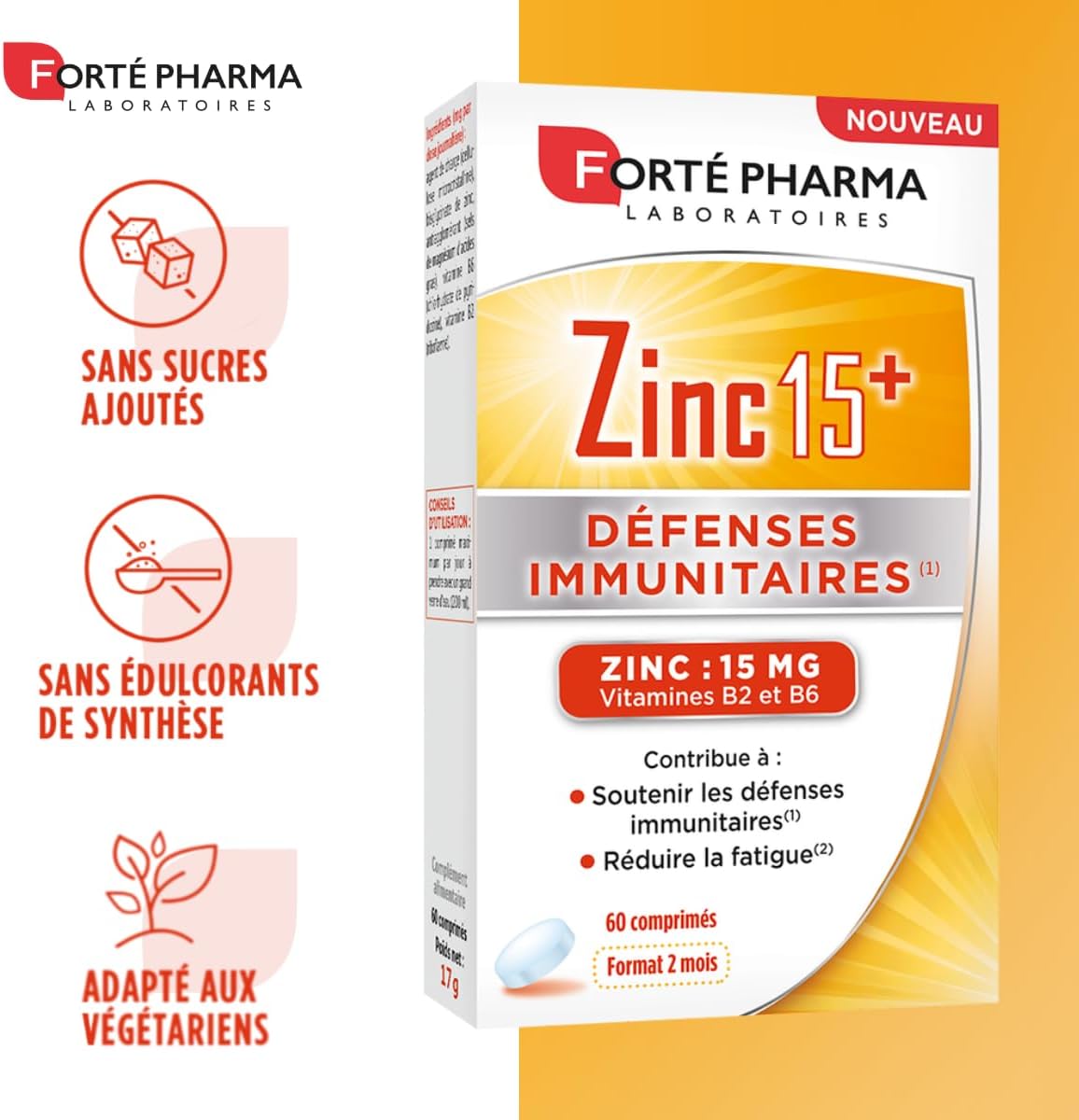 Forté Pharma Zinc 15+ | Zinc Bisglycinate 15 mg + Vitamins B2 & B6 - Anti Fatigue - Immune Defenses Dietary Supplement Maximum Dosage | 60 tablets, 1/day, 2 months - Image 5