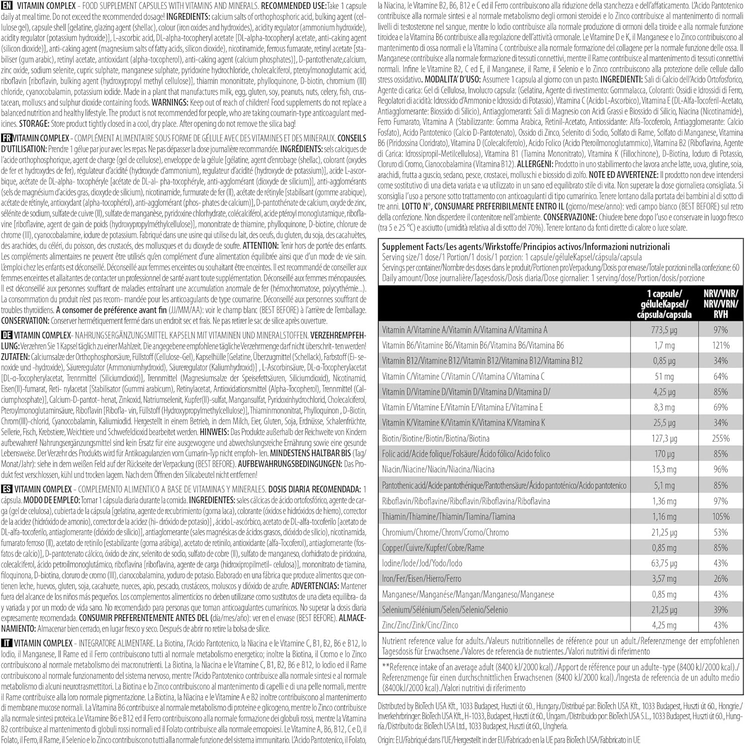 BioTechUSA Vitamin Complex | Multivitamins and Minerals in Capsules | Vitality | Skin | Hair | Immunity | 13 Vitamins | 10 Minerals | Gluten Free | 60 Capsules - Image 5