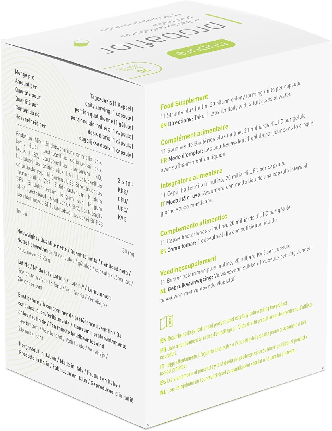 Nupure® Probiotic Probaflor 90 capsules, 20 billion CFU, 11 special patented bacterial strains, with Prebiotic Inulin per intestinal flora, better protected thanks to a special container. - Image 3