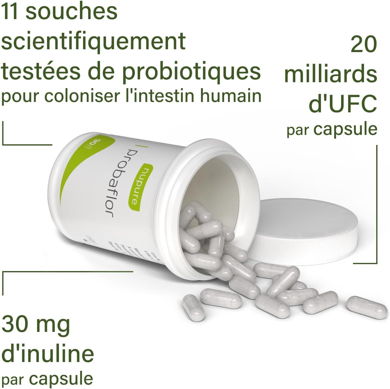Nupure® Probiotic Probaflor 90 capsules, 20 billion CFU, 11 special patented bacterial strains, with Prebiotic Inulin per intestinal flora, better protected thanks to a special container. - Image 5