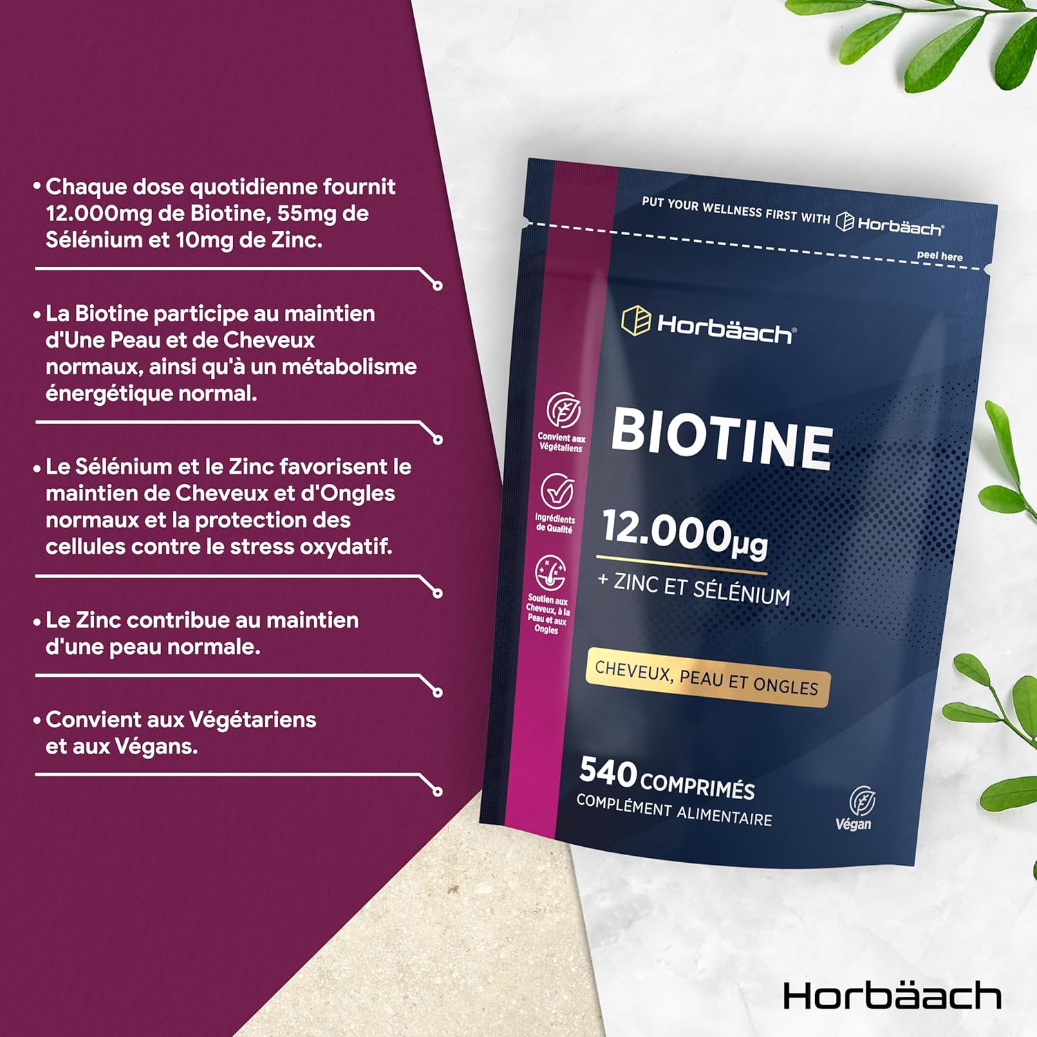 Biotin 12000 mcg Extra Strong | 540 Vegan Tablets | Complex With Zinc and Selenium | Food Supplement For Hair Skin Nails | Vitamin B7 Hair Skin and Nails | Horbaach - Image 3