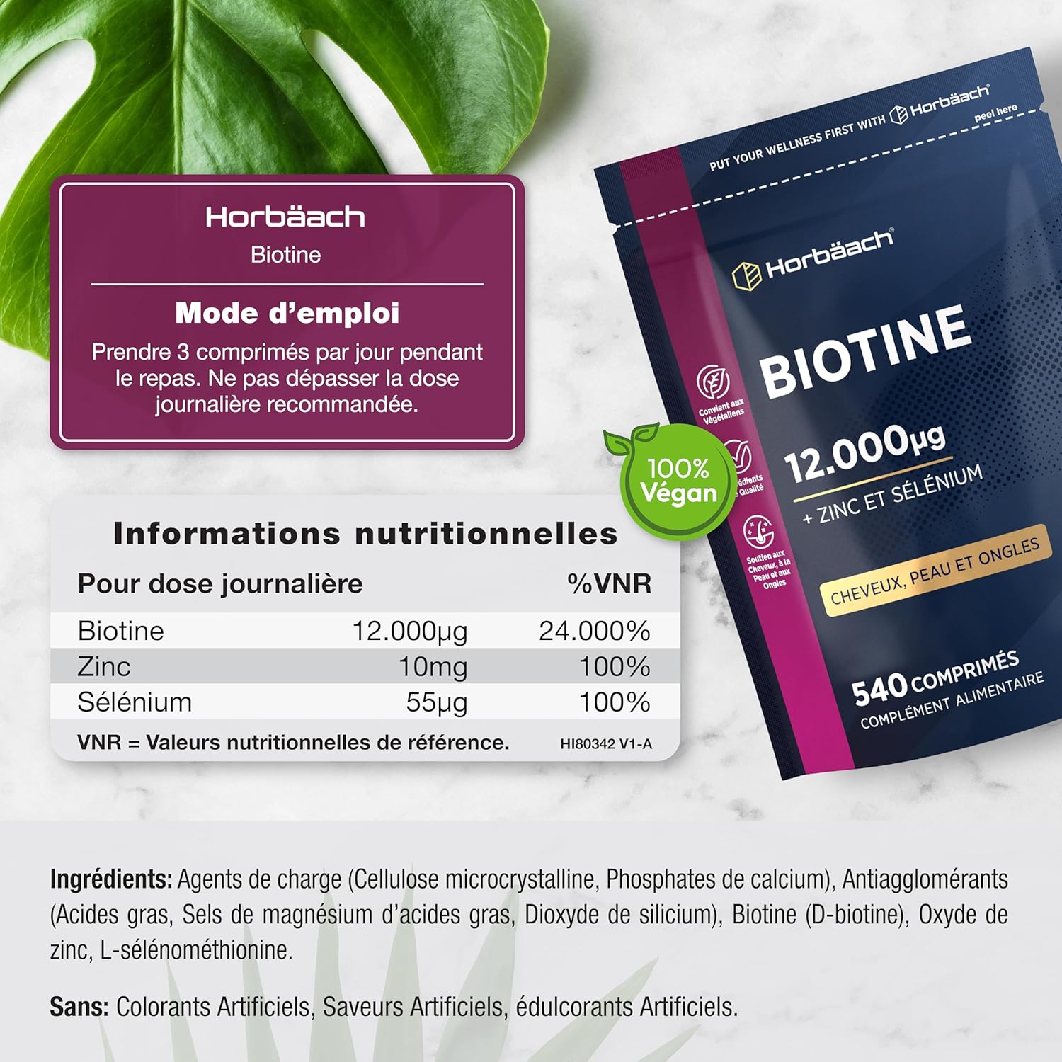 Biotin 12000 mcg Extra Strong | 540 Vegan Tablets | Complex With Zinc and Selenium | Food Supplement For Hair Skin Nails | Vitamin B7 Hair Skin and Nails | Horbaach - Image 4