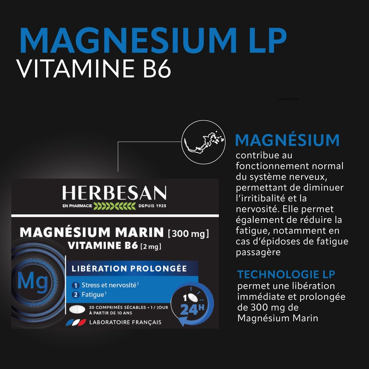 HERBESAN ® - MAGNESIUM PROLONGED RELEASE - Stress, overwork, temporary fatigue - Made in France - 30 tablets - Image 3
