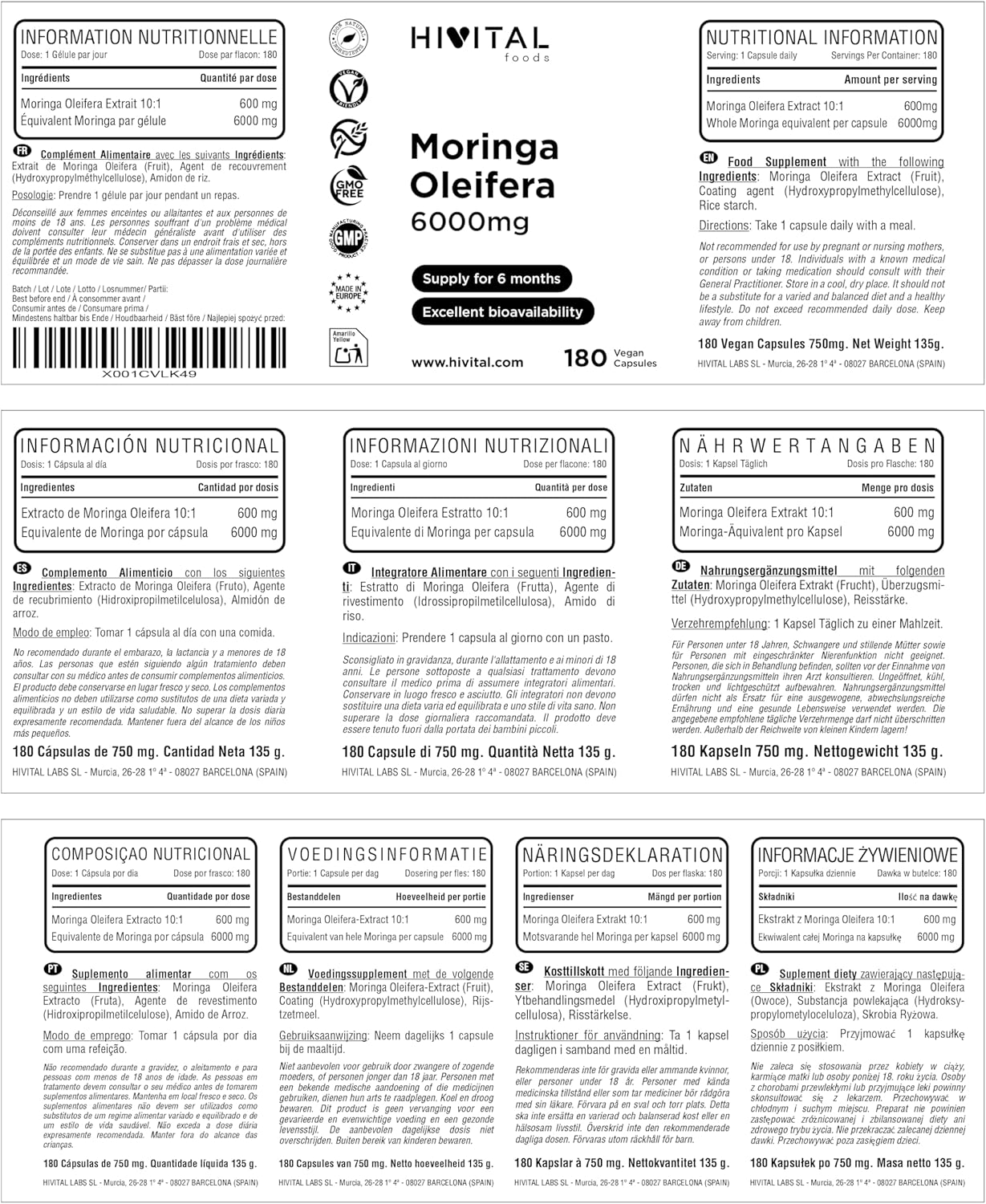 Moringa Oleifera 6000 mg. 180 vegan capsules for 6 months of treatment. Natural extract source of vitamins, minerals, amino acids and fatty acids. Made in Europe by HIVITAL - Image 3