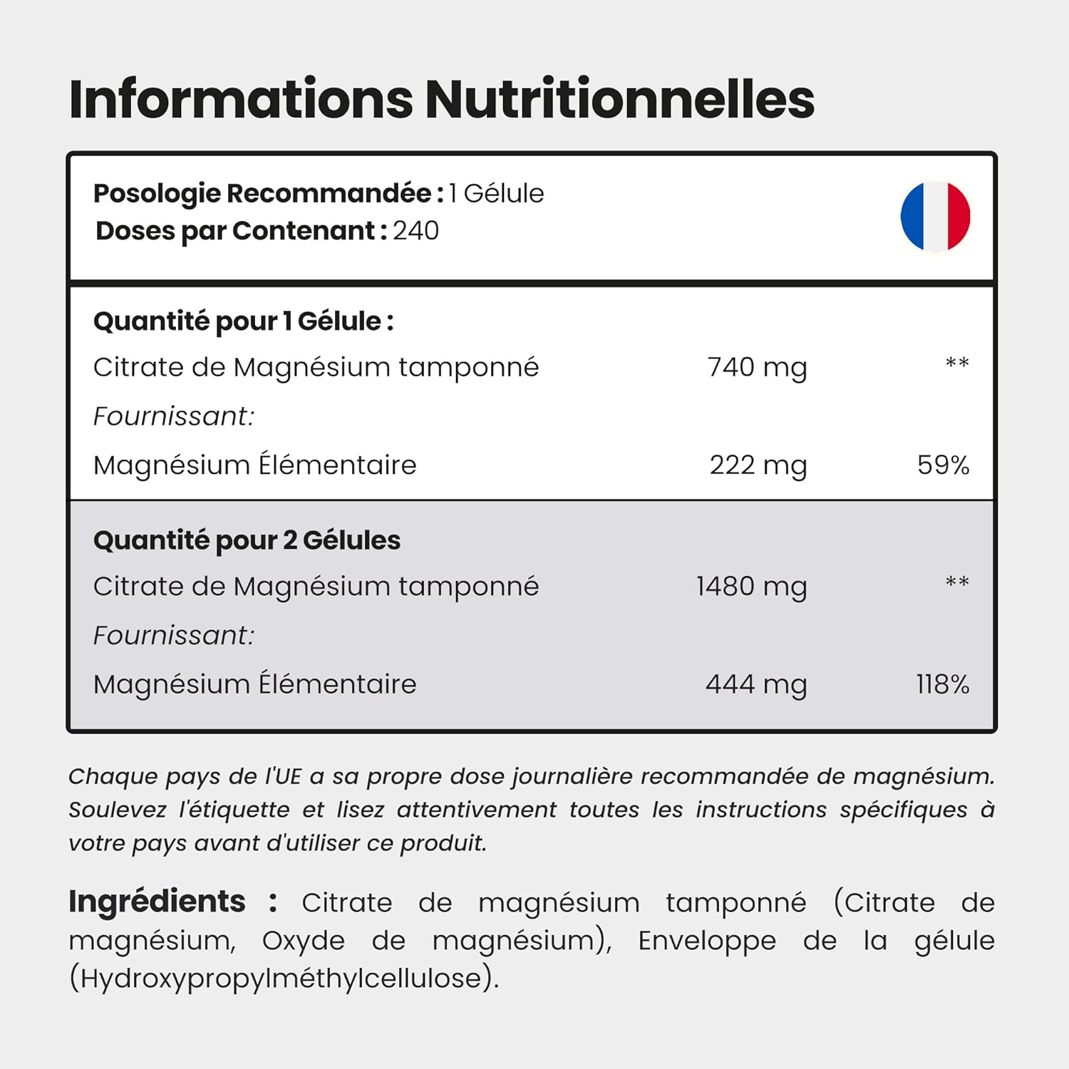 Magnesium Citrate 1480mg - 444mg Elemental Magnesium Per Serving - 240 Capsules (4-8 Months) - Formula Without Additives - VitaBright Magnesium - Image 3