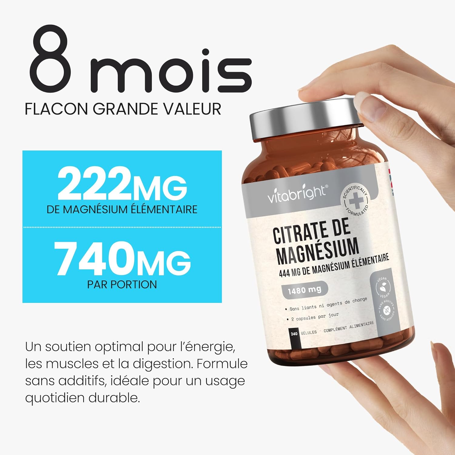 Magnesium Citrate 1480mg - 444mg Elemental Magnesium Per Serving - 240 Capsules (4-8 Months) - Formula Without Additives - VitaBright Magnesium - Image 6