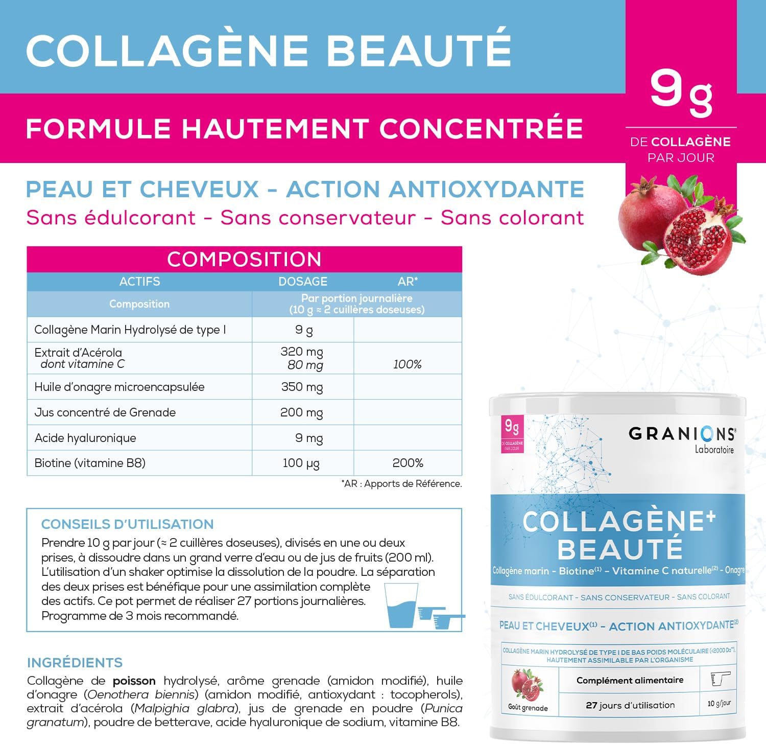 GRANIONS Collagen + Beauty - Marine Collagen Powder - Collagen and Hyaluronic Acid - Marine Collagen + Vitamin C + Biotin + Evening Primrose - Beauty Skin and Hair - Pomegranate - Collagen Powder 275 - Image 3