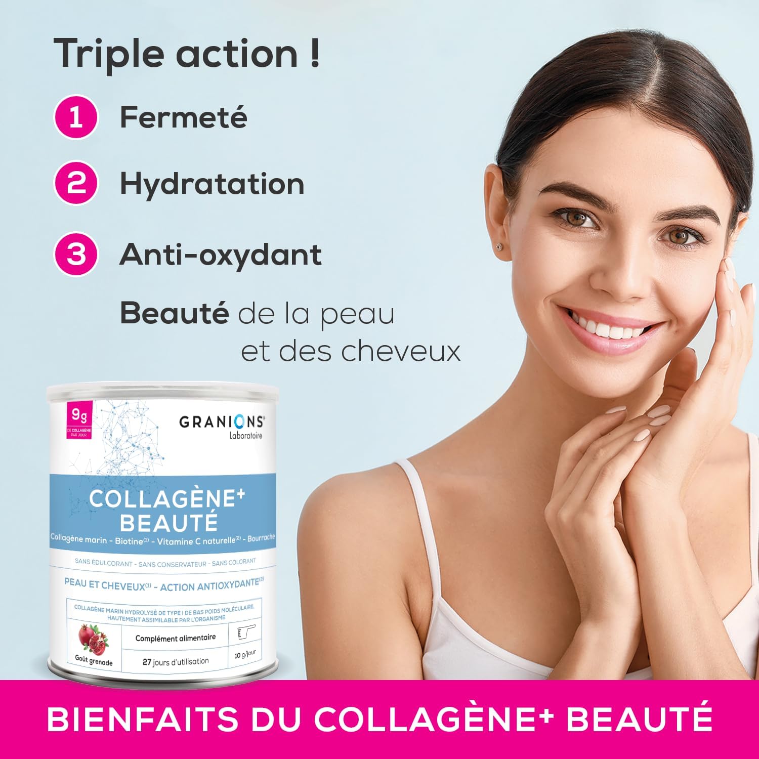GRANIONS Collagen + Beauty - Marine Collagen Powder - Collagen and Hyaluronic Acid - Marine Collagen + Vitamin C + Biotin + Evening Primrose - Beauty Skin and Hair - Pomegranate - Collagen Powder 275 - Image 4