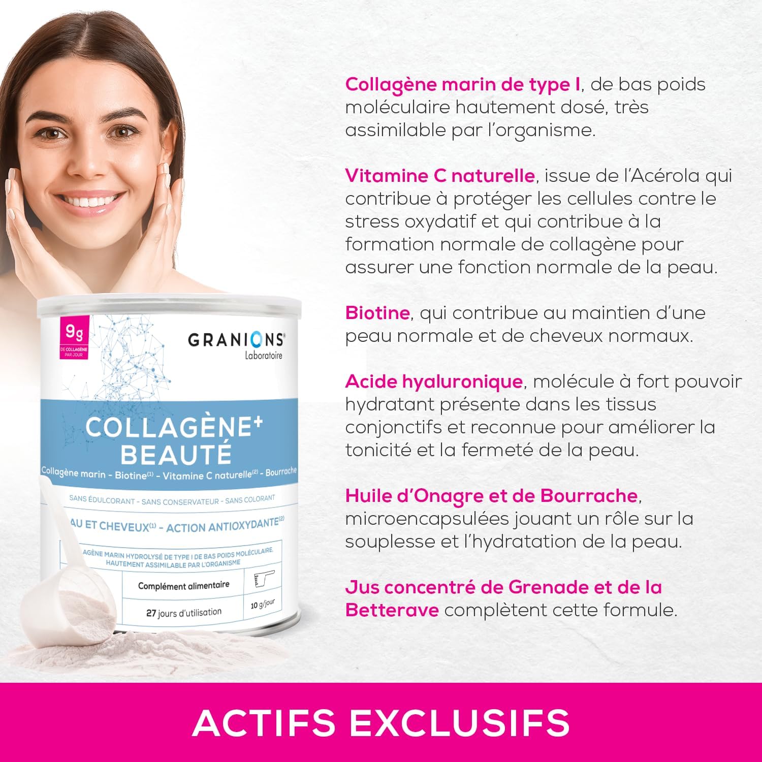 GRANIONS Collagen + Beauty - Marine Collagen Powder - Collagen and Hyaluronic Acid - Marine Collagen + Vitamin C + Biotin + Evening Primrose - Beauty Skin and Hair - Pomegranate - Collagen Powder 275 - Image 5