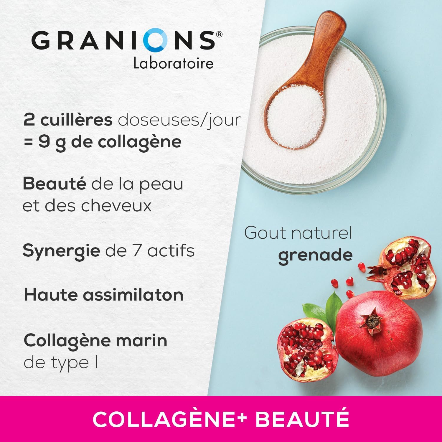 GRANIONS Collagen + Beauty - Marine Collagen Powder - Collagen and Hyaluronic Acid - Marine Collagen + Vitamin C + Biotin + Evening Primrose - Beauty Skin and Hair - Pomegranate - Collagen Powder 275 - Image 7