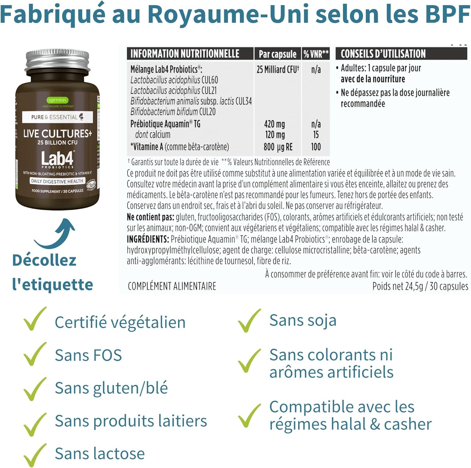 Probiotics & Prebiotics, Lab4 Intestinal Flora Complex, with Lactobacillus Acidophilus & Bifidobacterium, 25 Billion CFU, Vegan, 30 Capsules - by Igennus - Image 7