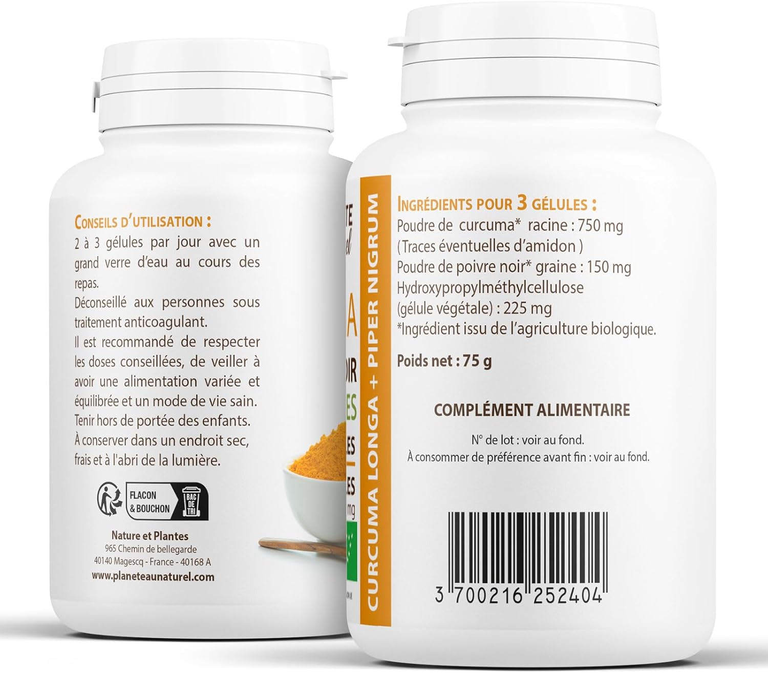 Planète au Naturel Organic Turmeric and Black Pepper 300mg - 200 Vegetable Capsules - Image 3