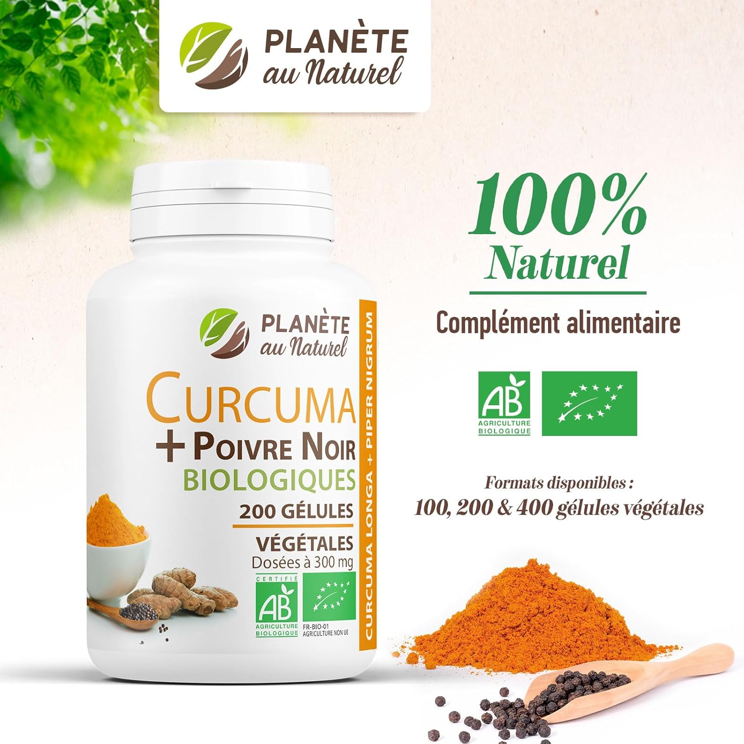 Planète au Naturel Organic Turmeric and Black Pepper 300mg - 200 Vegetable Capsules - Image 4