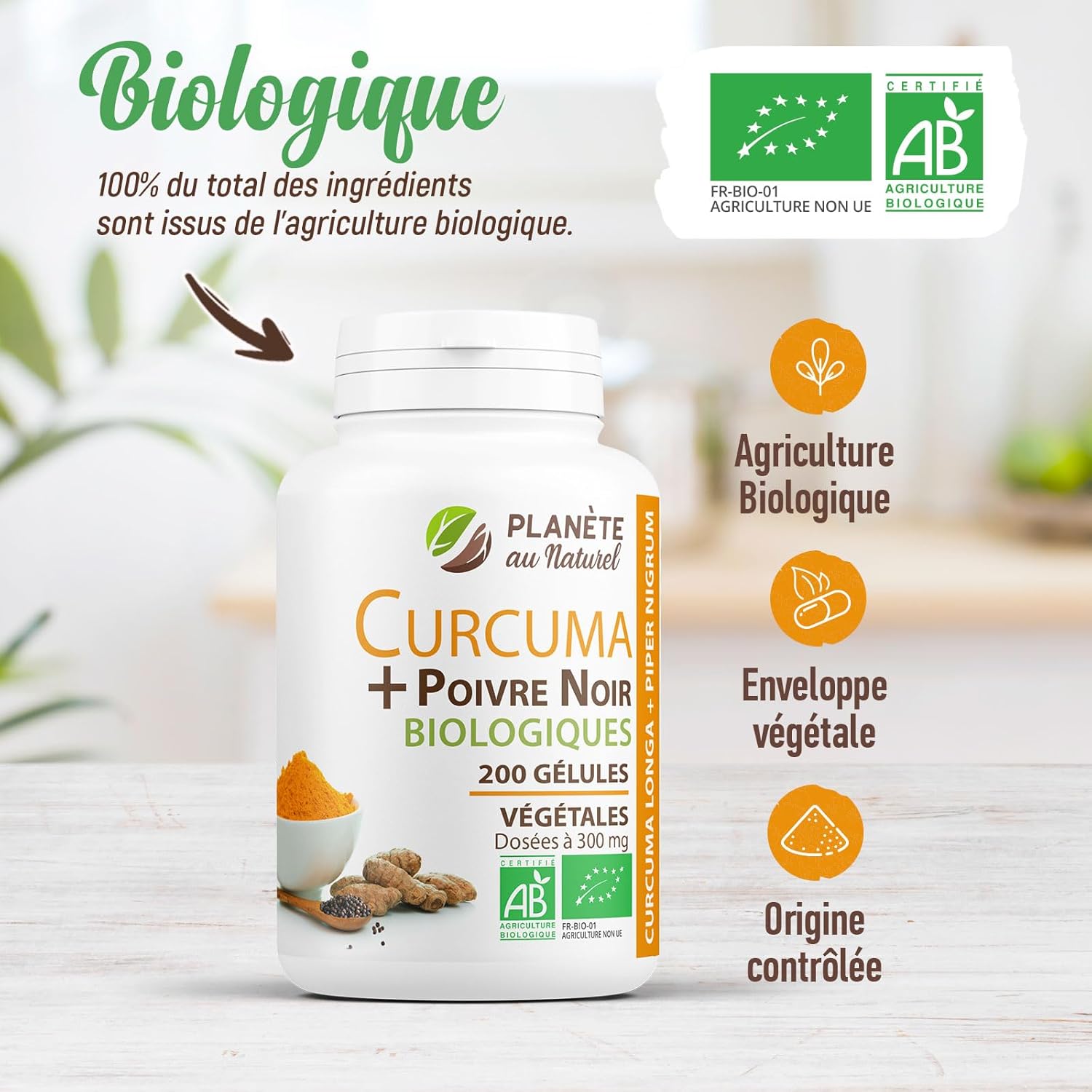 Planète au Naturel Organic Turmeric and Black Pepper 300mg - 200 Vegetable Capsules - Image 5