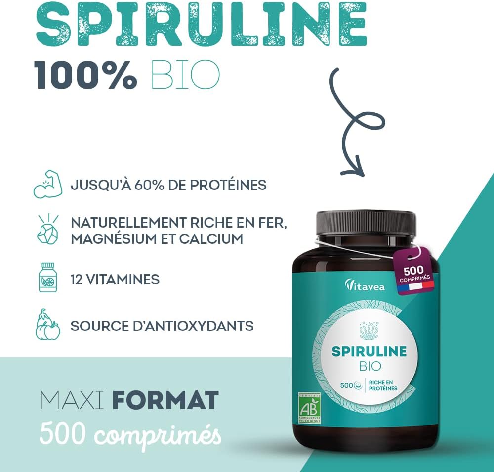 Spirulina Organic Ultra Pure 1500 mg - 500 Tablets - No Excipients, Rich in Proteins, Phycocyanin, Iron, Antioxidants - Immunity, Fatigue - Vegan - Made in France Vitavea - Image 3