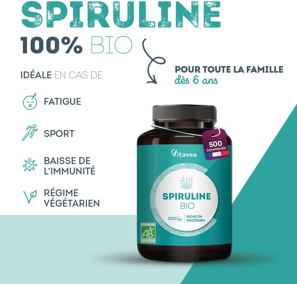 Spirulina Organic Ultra Pure 1500 mg - 500 Tablets - No Excipients, Rich in Proteins, Phycocyanin, Iron, Antioxidants - Immunity, Fatigue - Vegan - Made in France Vitavea - Image 4