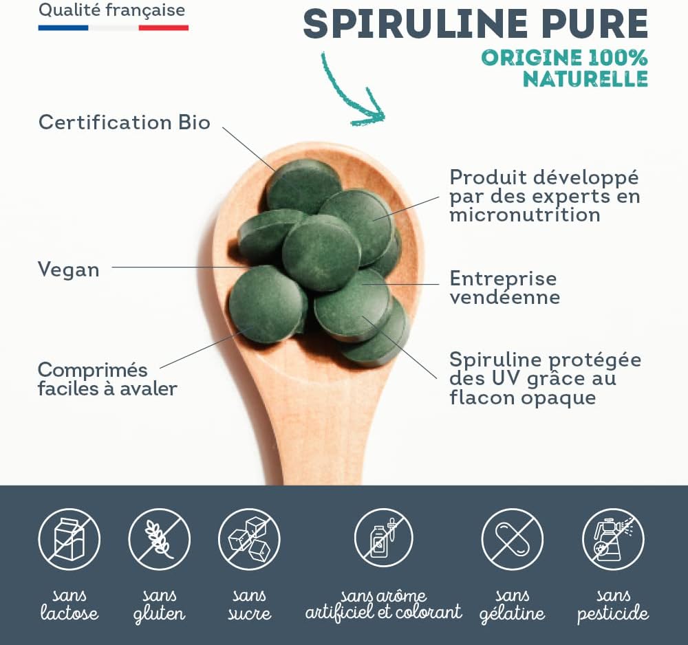 Spirulina Organic Ultra Pure 1500 mg - 500 Tablets - No Excipients, Rich in Proteins, Phycocyanin, Iron, Antioxidants - Immunity, Fatigue - Vegan - Made in France Vitavea - Image 6