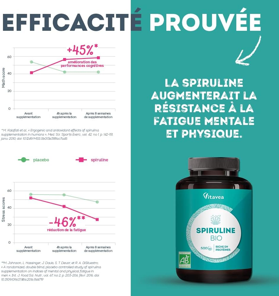 Spirulina Organic Ultra Pure 1500 mg - 500 Tablets - No Excipients, Rich in Proteins, Phycocyanin, Iron, Antioxidants - Immunity, Fatigue - Vegan - Made in France Vitavea - Image 7