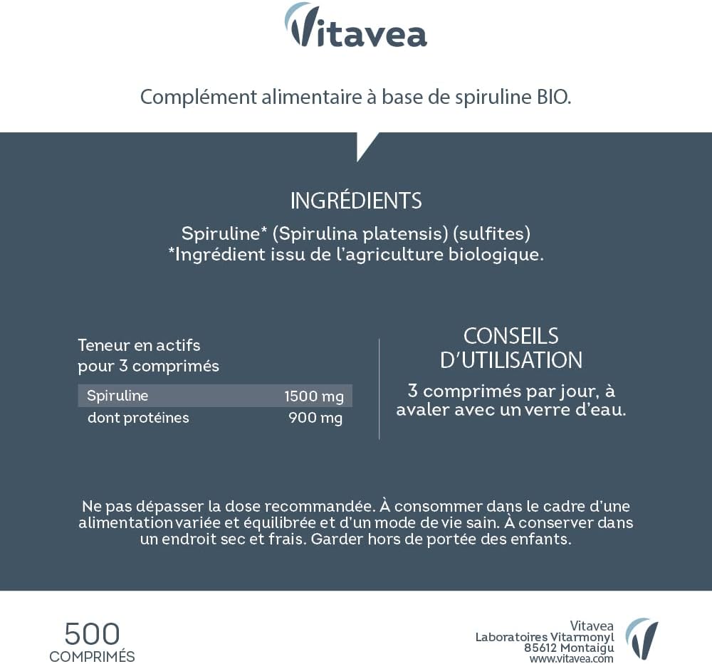 Spirulina Organic Ultra Pure 1500 mg - 500 Tablets - No Excipients, Rich in Proteins, Phycocyanin, Iron, Antioxidants - Immunity, Fatigue - Vegan - Made in France Vitavea - Image 10
