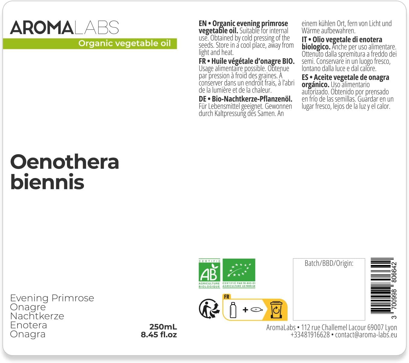 Evening Primrose Organic (Oenothera Biennis) – 250 ml – Virgin and AB Certified Vegetable Oil – Menstrual Cycle & Cardiovascular and Skin Health – Aroma Labs – Made in France - Image 3