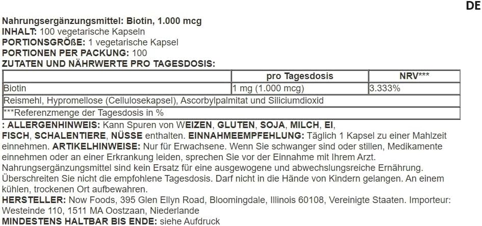 Now Foods - Biotin 1000mcg | Support for Skin, Hair & Nail Health - 100 Vegetarian Capsules - Image 3