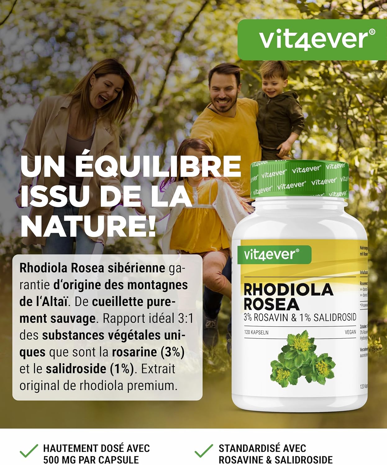 Rhodiola Rosea Extract - 120 capsules of 500 mg - Premium raw material - 3% Rosavine & 1% Salidroside - Rosehip Root Extract - Vegan - High dosed. - Image 3