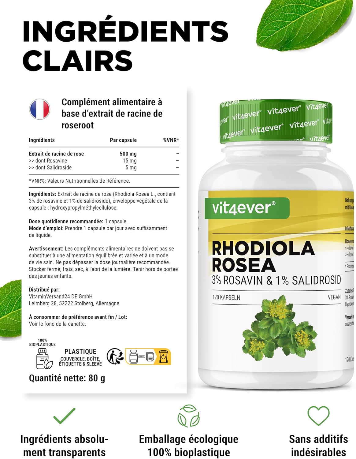 Rhodiola Rosea Extract - 120 capsules of 500 mg - Premium raw material - 3% Rosavine & 1% Salidroside - Rosehip Root Extract - Vegan - High dosed. - Image 6