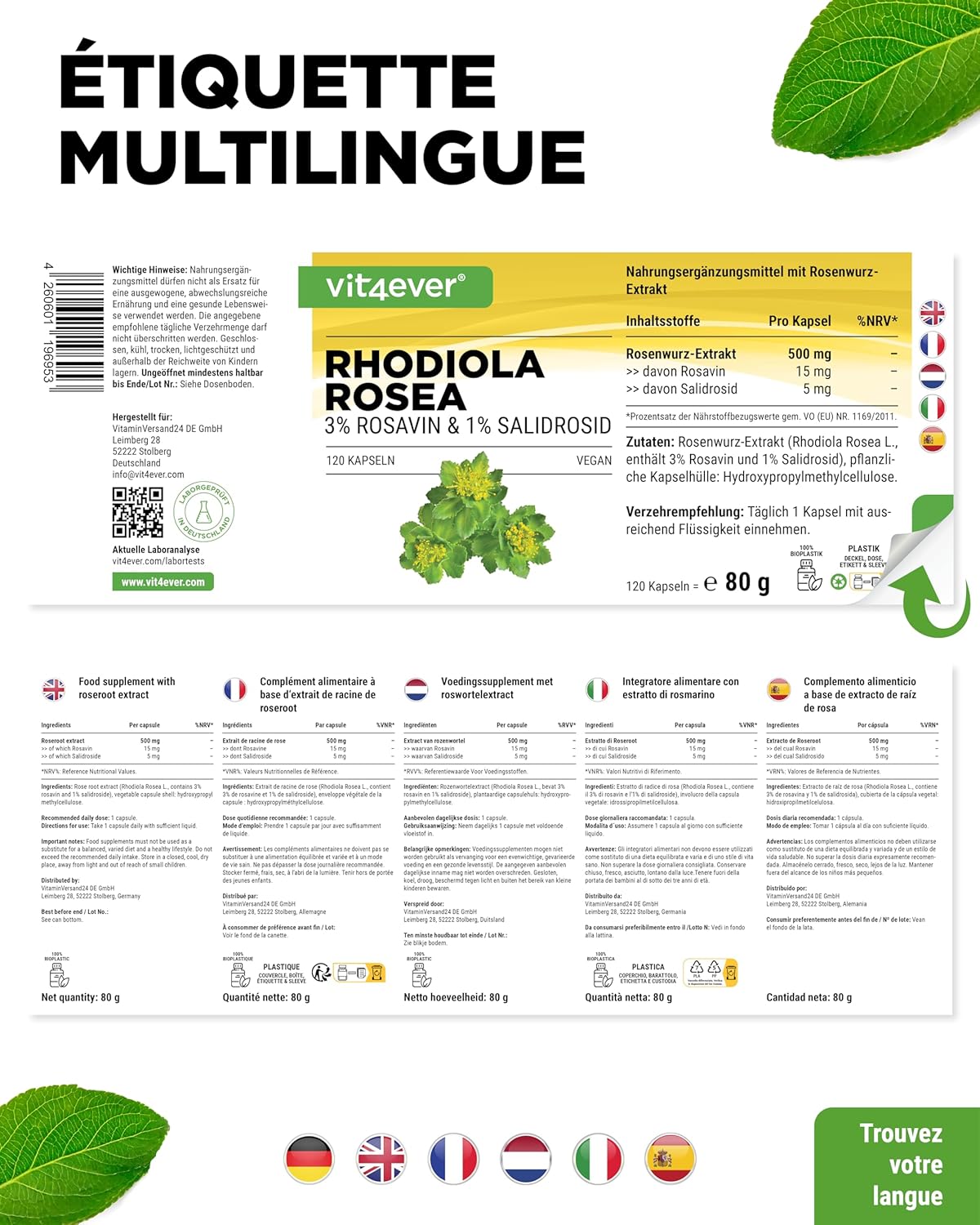 Rhodiola Rosea Extract - 120 capsules of 500 mg - Premium raw material - 3% Rosavine & 1% Salidroside - Rosehip Root Extract - Vegan - High dosed. - Image 7