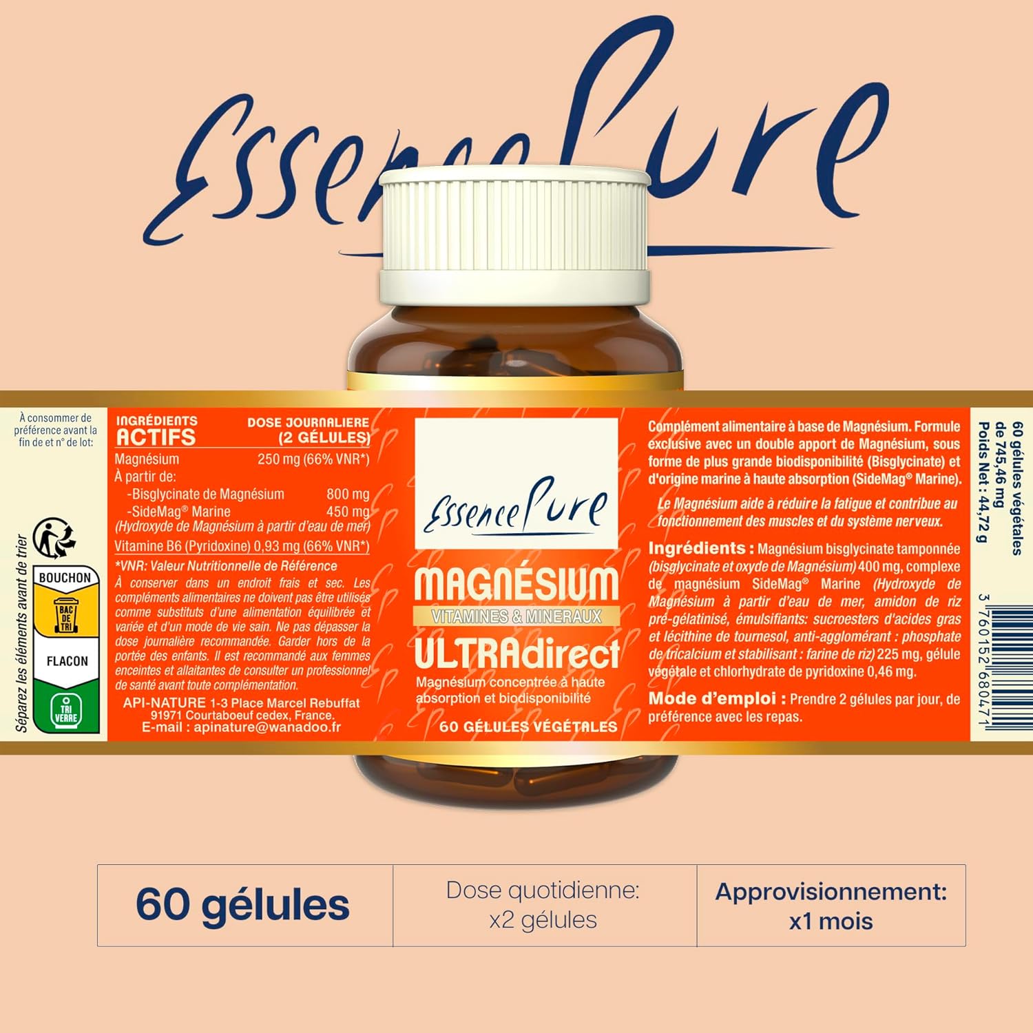 Magnesium B6 Pure Essence | Magnesium Bisglycinate + Marine Magnesium | Sleep, Stress, Fatigue - Maximum Absorption & Easy Assimilation | 60 Capsules 1 Month | Api-Nature - Image 6