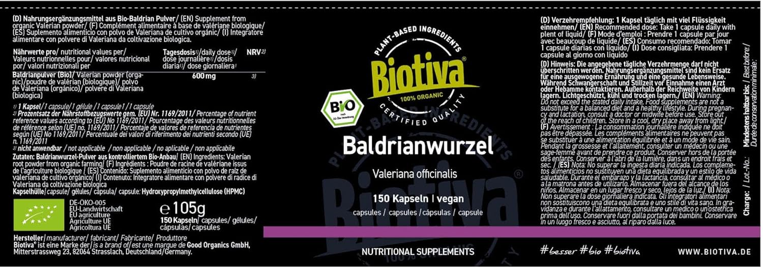 Valerian 150 Organic Capsules - Highly Dosed Natural - 600 mg per capsule - digestion, sleep Valeriana officinalis - bottle and controlled in Germany - 100% vegan- Biotiva - Image 7