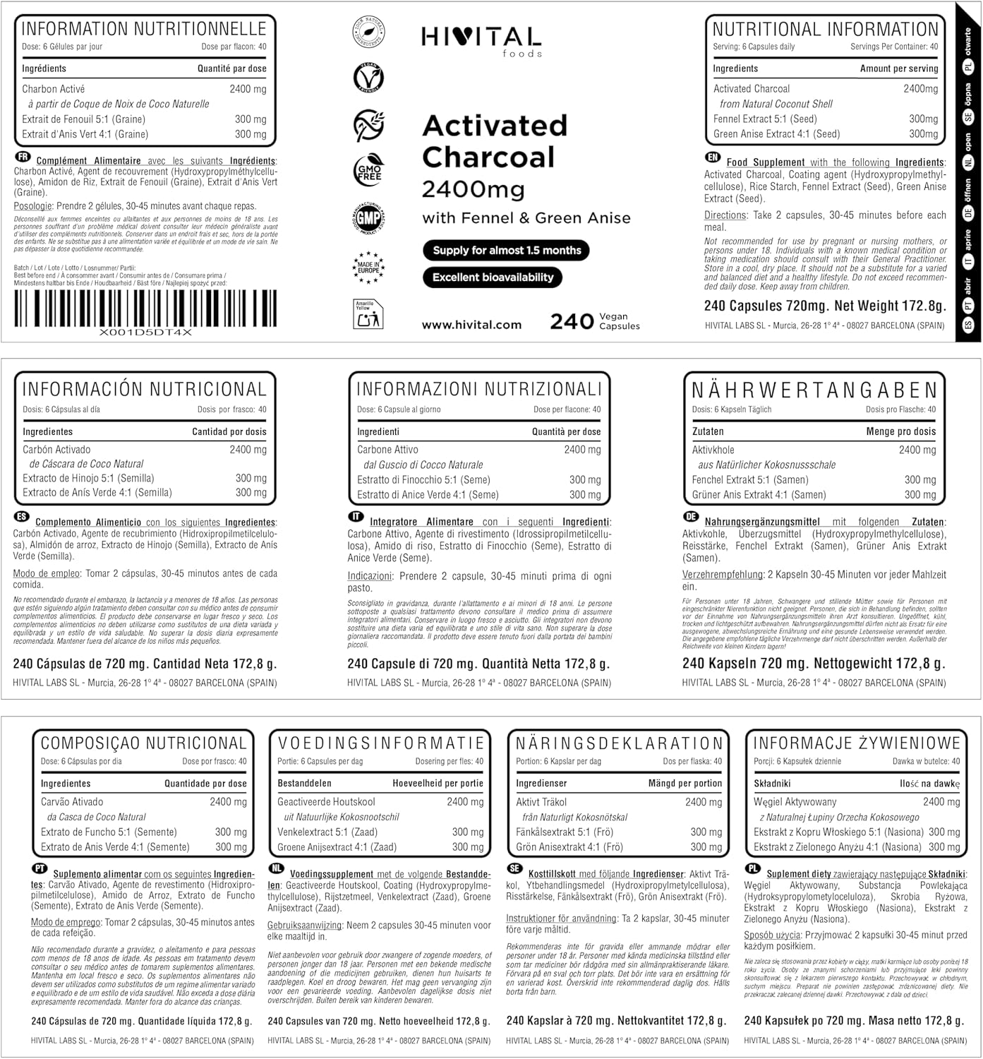 Activated Carbon 2400 mg. 240 vegan capsules for 4 months of treatment. Natural coconut activated charcoal with Fennel and Green Anise. Made in Europe by HIVITAL - Image 3