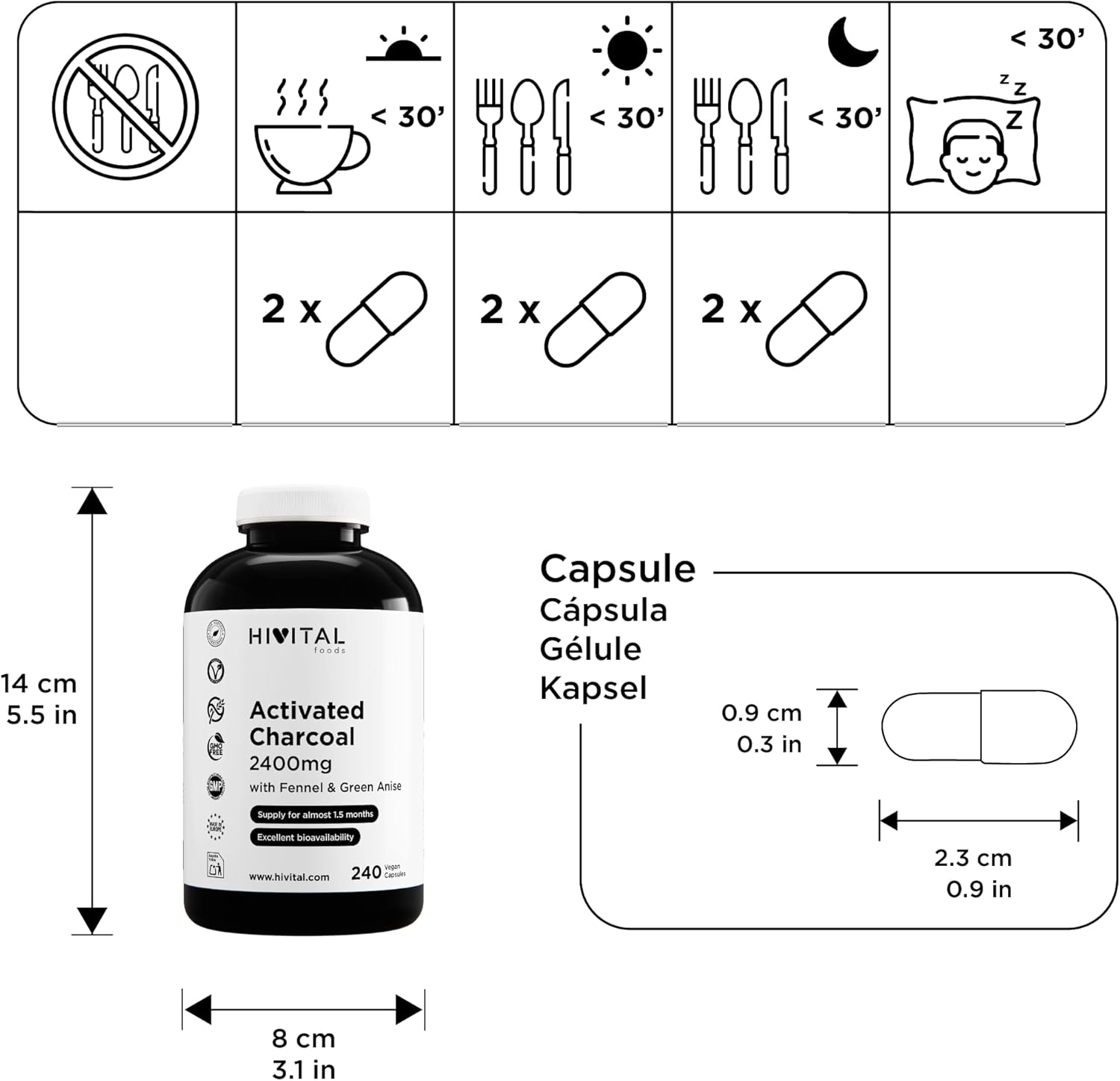 Activated Carbon 2400 mg. 240 vegan capsules for 4 months of treatment. Natural coconut activated charcoal with Fennel and Green Anise. Made in Europe by HIVITAL - Image 4