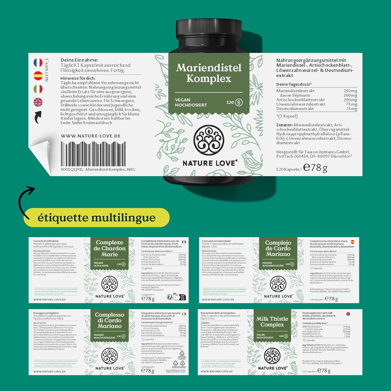 NATURE LOVE® Milk Thistle Complex - 120 Capsules - Milk Thistle, Artichoke, Dandelion and Desmodium - Highly Dosed with 80% Silymarin - Laboratory Tested, Vegan, Produced in Germany - Image 6