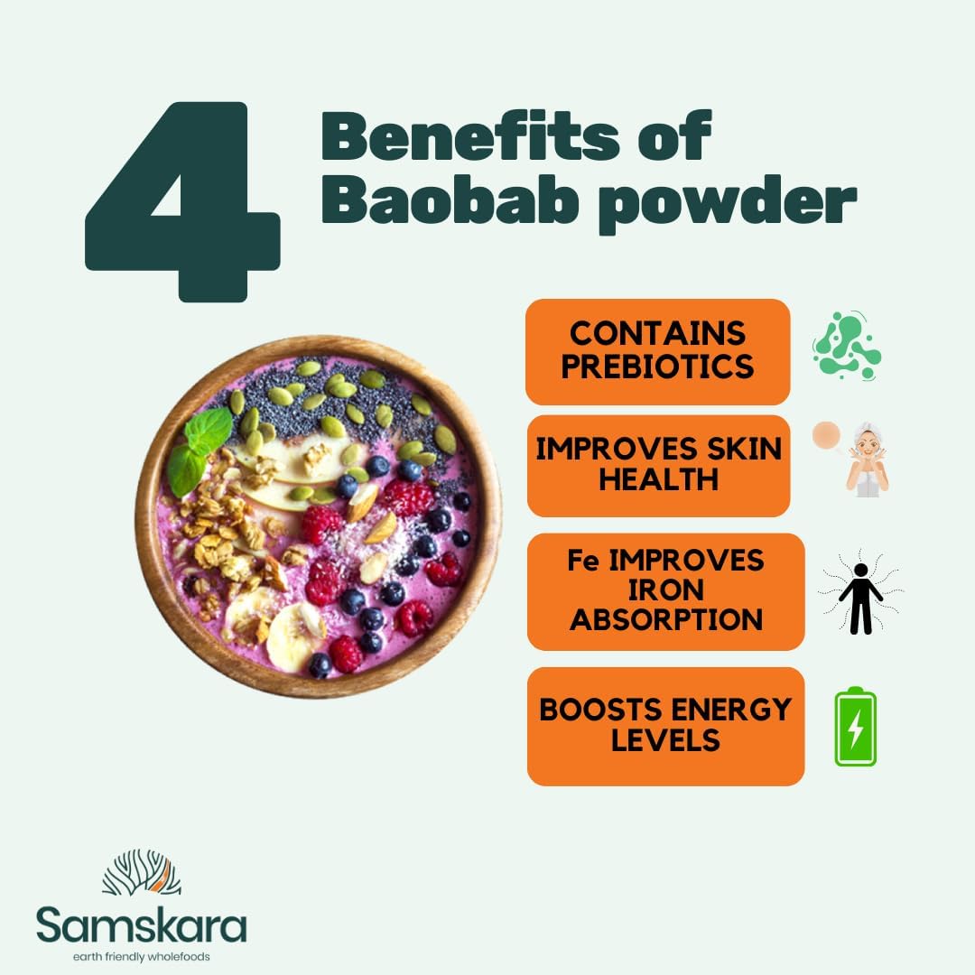 Organic Organic Baobab Powder | 100% Pure Raw A+ Quality, Source of Vit C, Calcium, Natural Collagen | SAMSKARA | Organic Baobab Powder (250g x 1) - LOT 2024 Freshness Guaranteed - Image 3