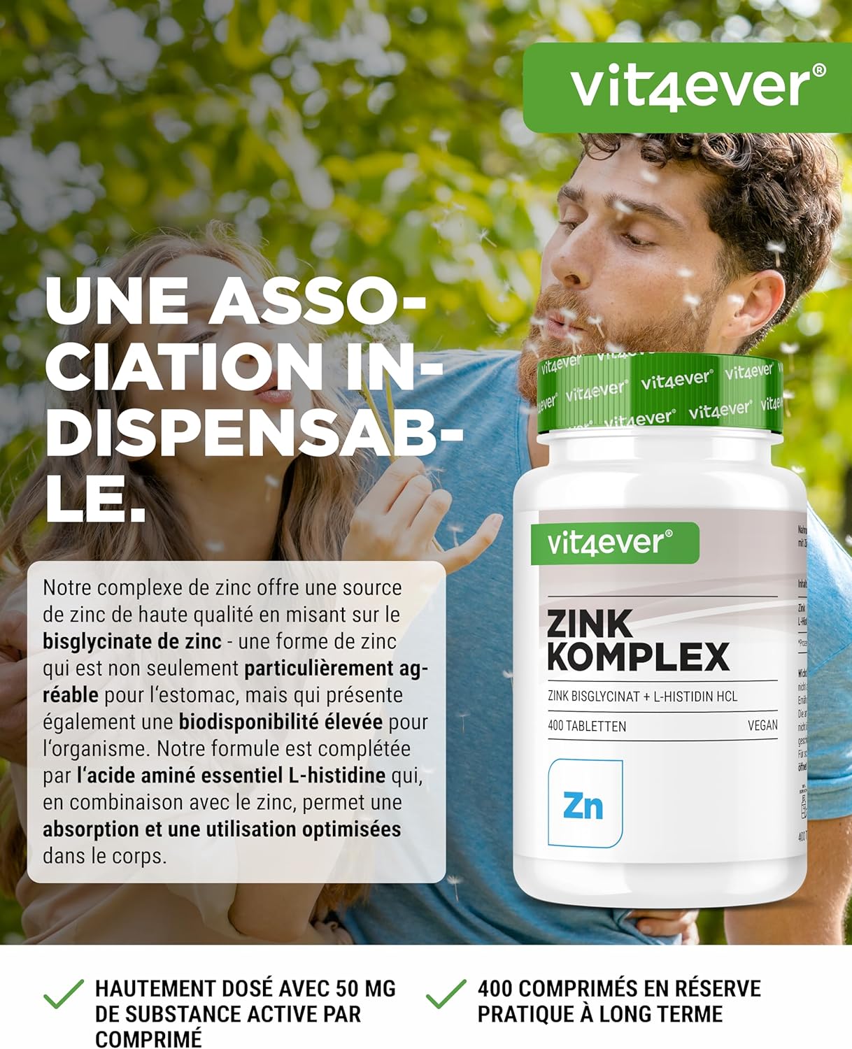 Zinc 25 mg - 400 tablets - Premium: Albion® Zinc Bisglycinate + L-Histidine - High Bioavailability - Chelate Complex - Lab Tested - Vegan - High Dosed - Image 3